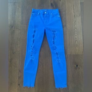 7 for all mankind blue colored denim skinny high rise ripped jeans size 26